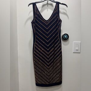 Carmen Marc Valvo Navy and Gold Chevron Midi Dress
